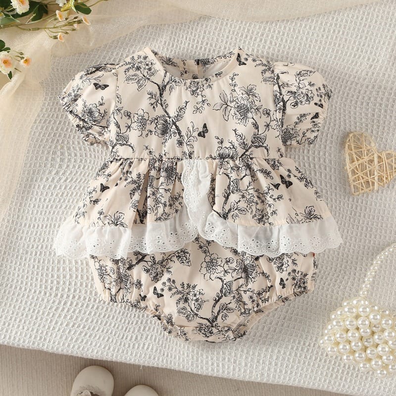 【BABY】水墨画風フラワーフリル半袖ロンパース
