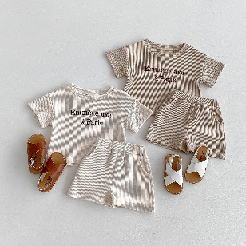 【セット】ワッフル英字刺繍半袖Tシャツショートパンツセットアップ