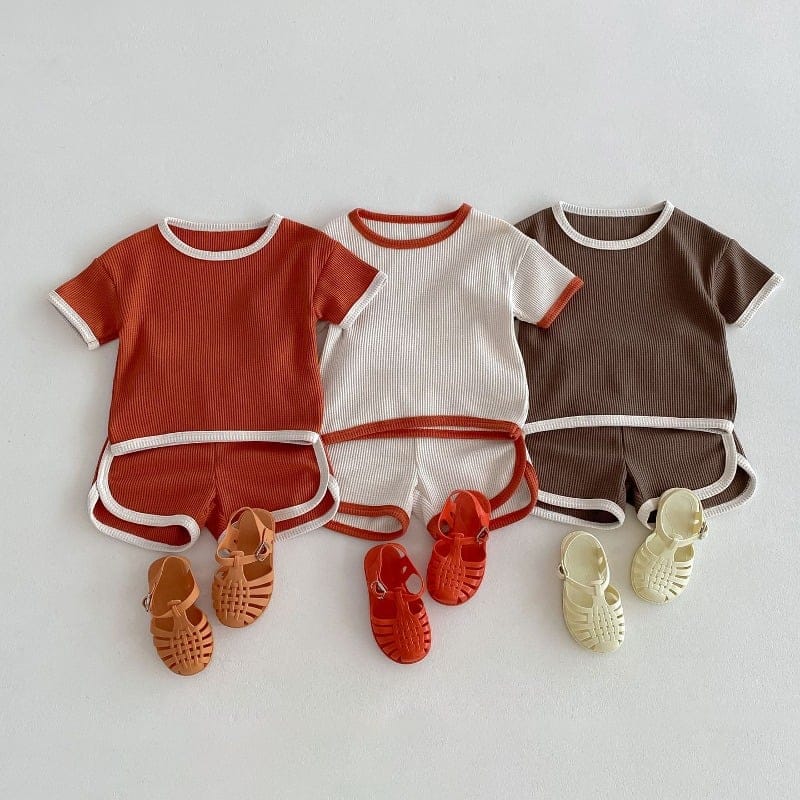 【セット】配色ワッフル半袖ハーフパンツセットアップ