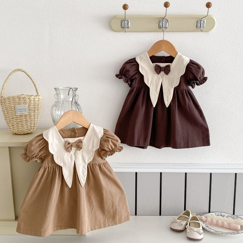 【BABY】ビッグカラーリボン半袖レトロワンピース