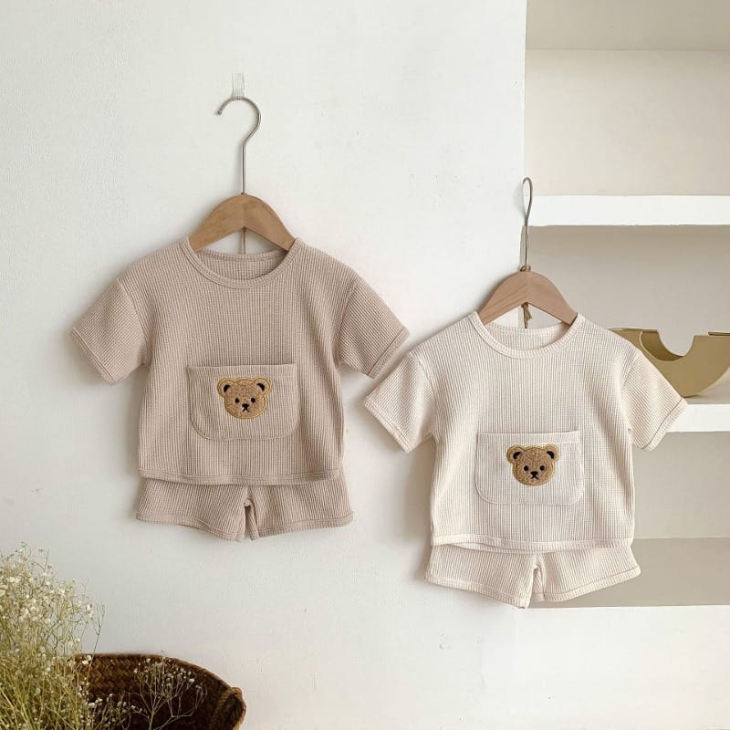 【セット】くまポケットワッフル半袖Tシャツハーフパンツセットアップ