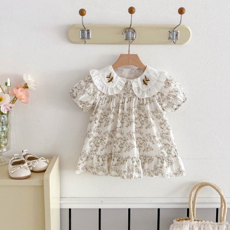 【BABY】スズラン刺繍フリル襟小花柄半袖ワンピース