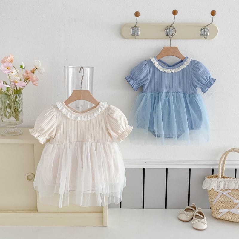 【BABY】フリル襟半袖チュールワンピースロンパース