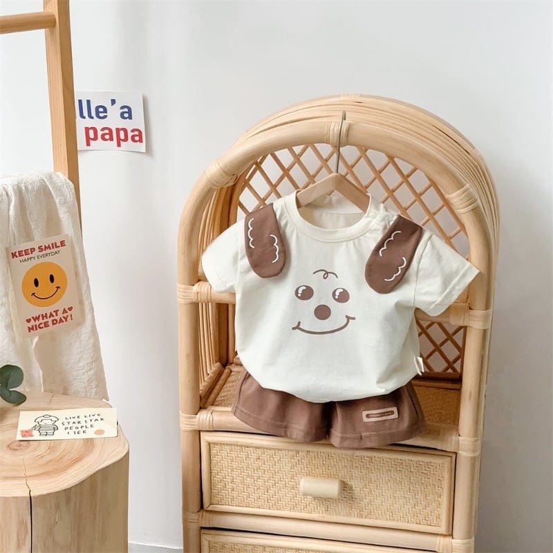【セット】ハッピーいぬプリント半袖Tシャツハーフパンツ上下セット