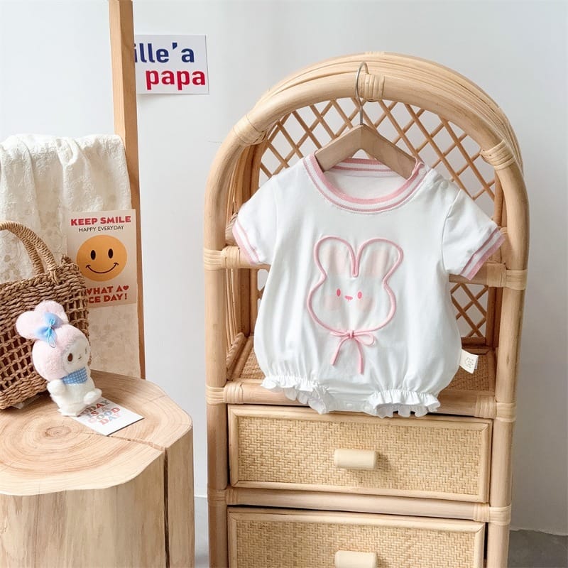 【BABY】リボンうさぎフェイスデザイン半袖ロンパース