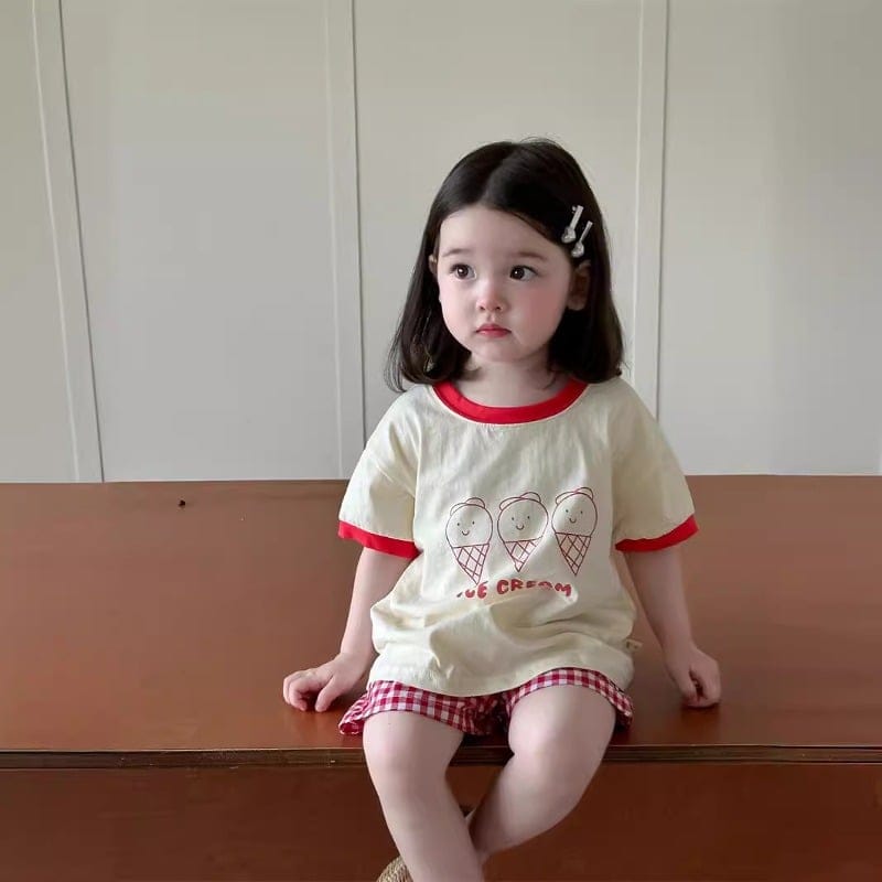 【セット】アイスクリームプリント半袖Tシャツチェックパンツセットアップ