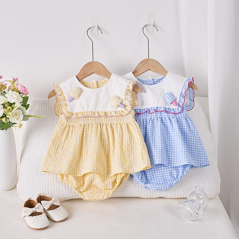 【BABY】アイスクリームチェックワンピースロンパース