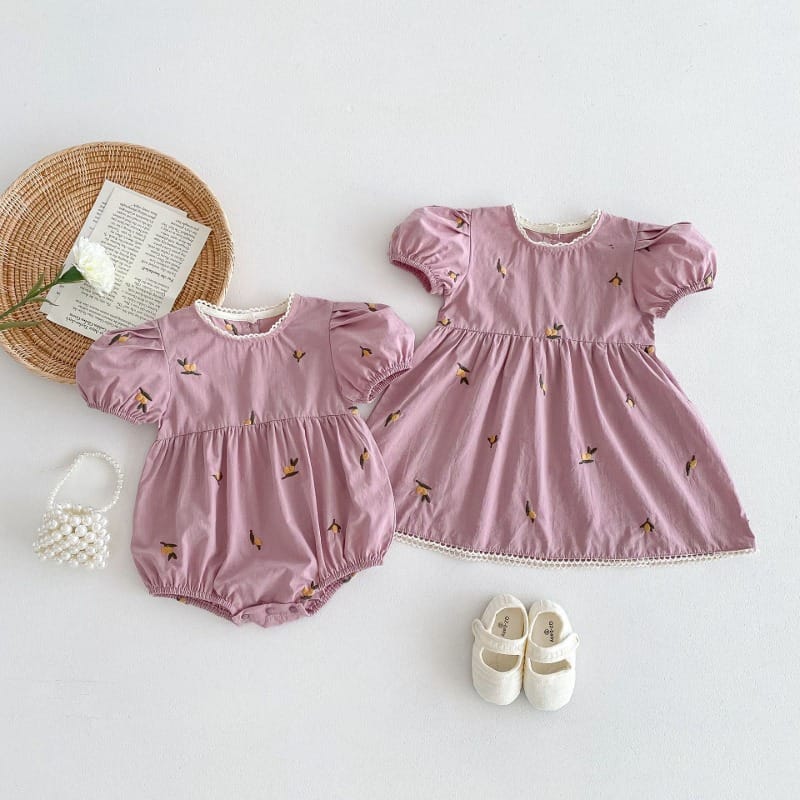 【BABY】レモン果実刺繍パフスリーブ半袖ワンピース