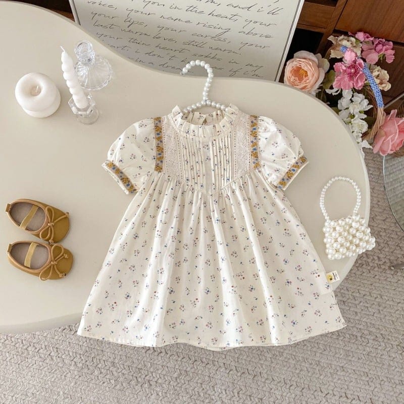 小花柄フラワー刺繍パフスリーブ半袖ワンピース