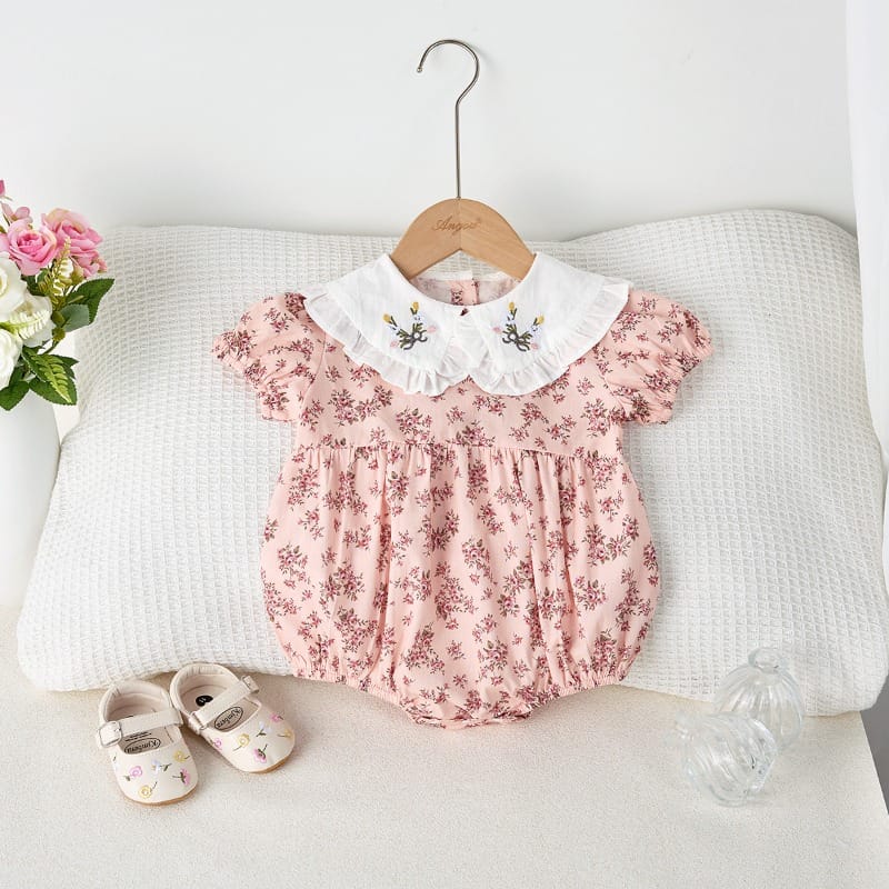 【BABY】小花柄刺繍フリルカラーパフスリーブ半袖ロンパース