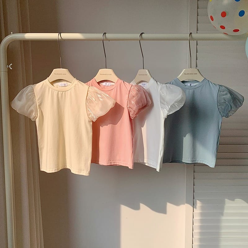 【KID】シャイニーパフスリーブシアー袖半袖Tシャツ