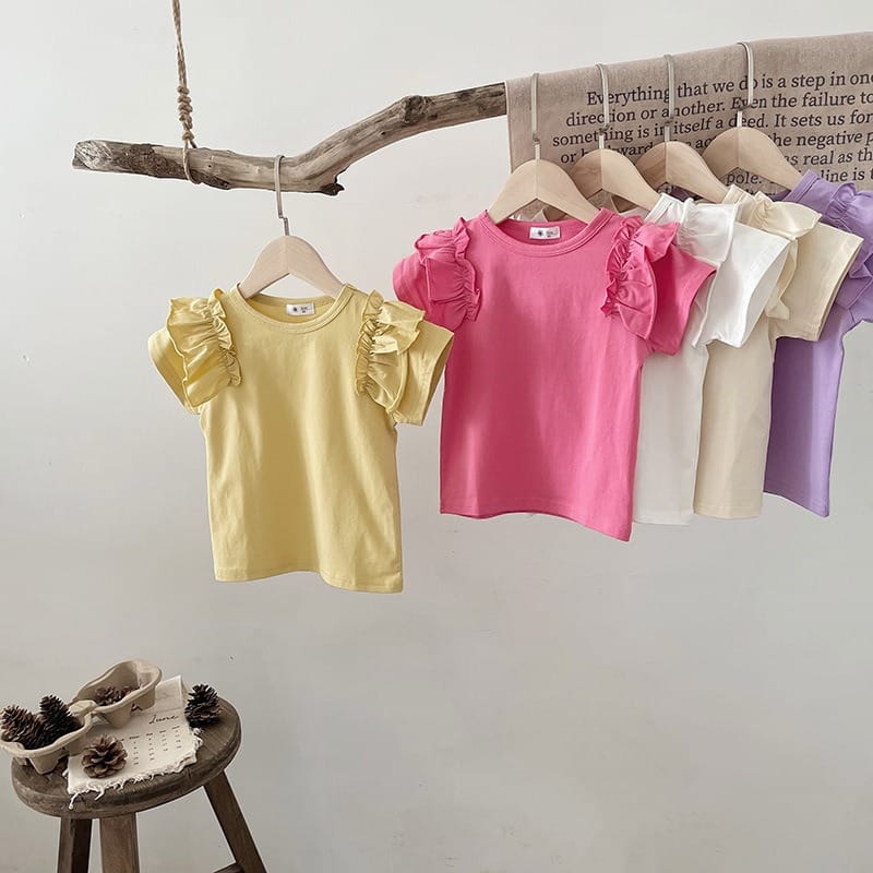 【KID】ラブユー肩フリルデザイン無地半袖Tシャツ