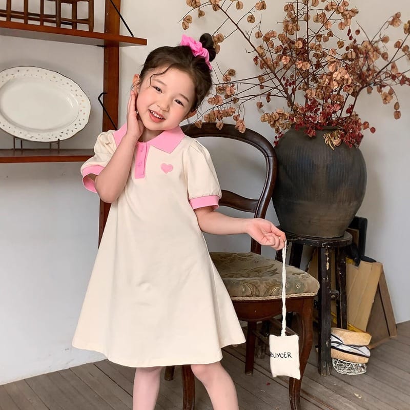 【KID】ハート刺繍バイカラー半袖ポロワンピース