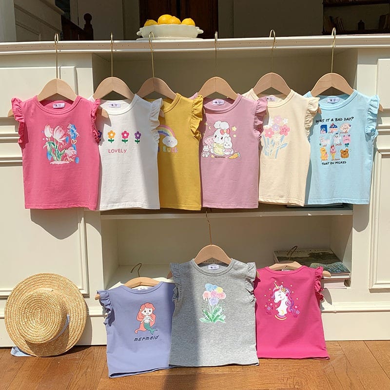 【KID】アニマルフラワープリントフリル袖ノースリーブTシャツ