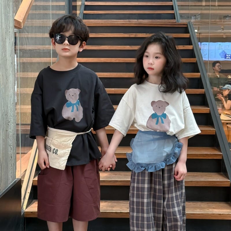 【KID】ブルーリボンくまプリント半袖Tシャツ