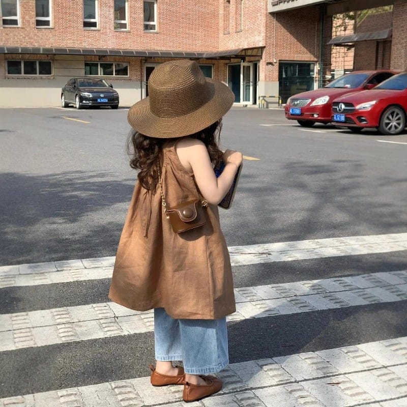 ブラウンキャミワンピースデニムパンツセットアップ