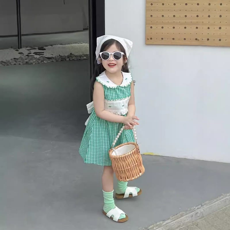 グリーンチェックバックリボンノースリーブワンピース