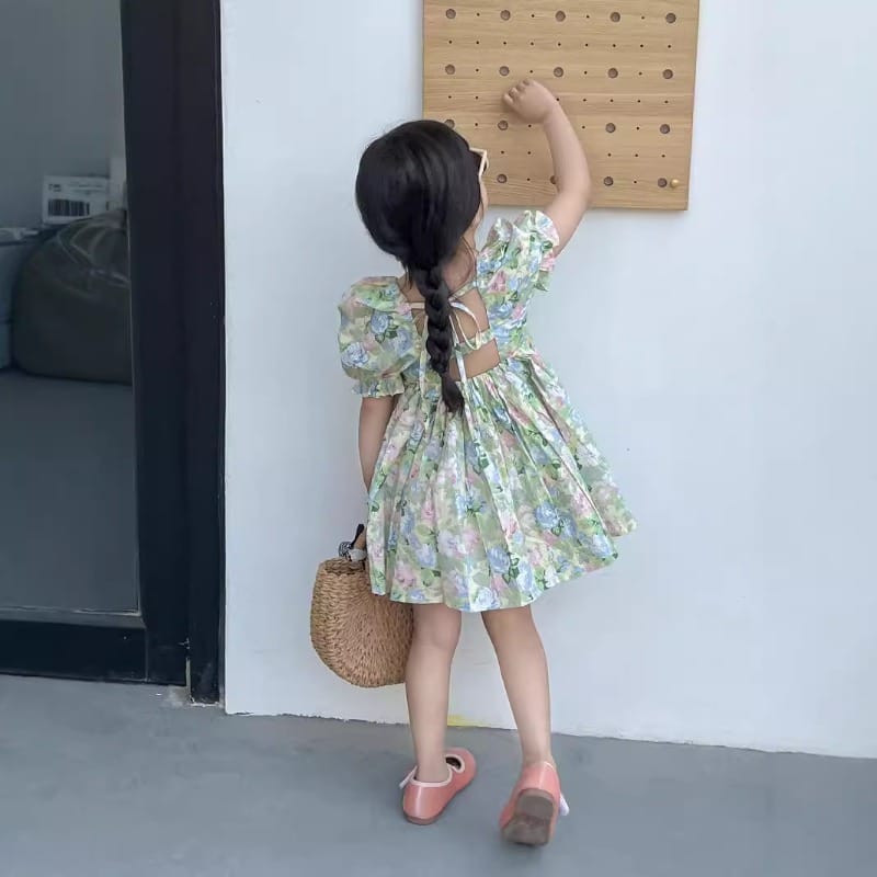 【KID】パステルローズバックリボン花柄パフスリーブワンピース