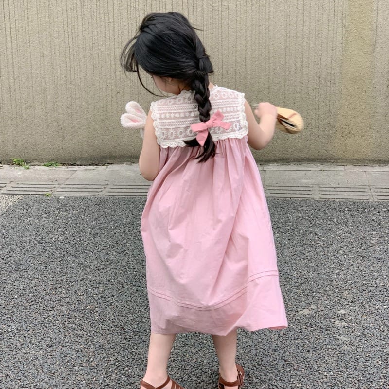 【KID】レース切替ノースリーブピンクワンピース