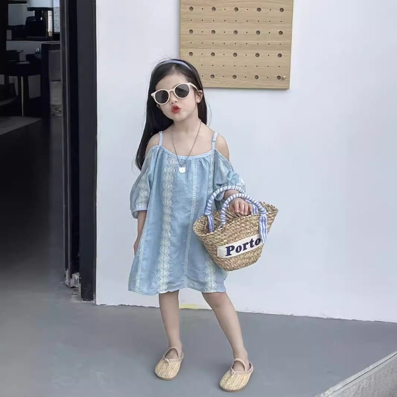 【KID】ブルーエスニック刺繍オフショルダーワンピース