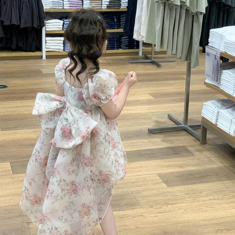 【KID】花柄バックリボンパフスリーブフィッシュテールワンピース