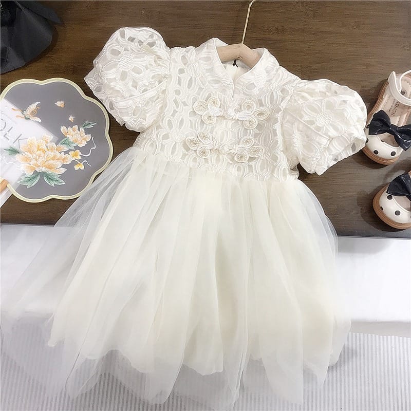 【KID】フラワー刺繍レースチャイナドレス風チュールワンピース