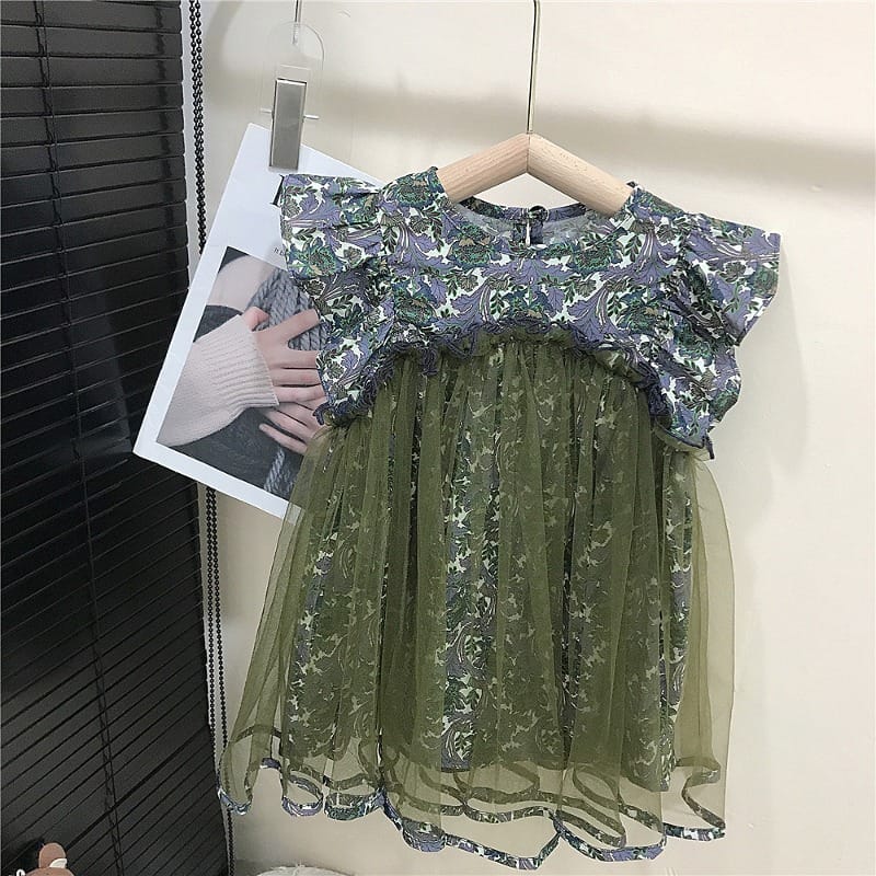 【KID】小花柄チュール切り替えフリル袖ワンピース