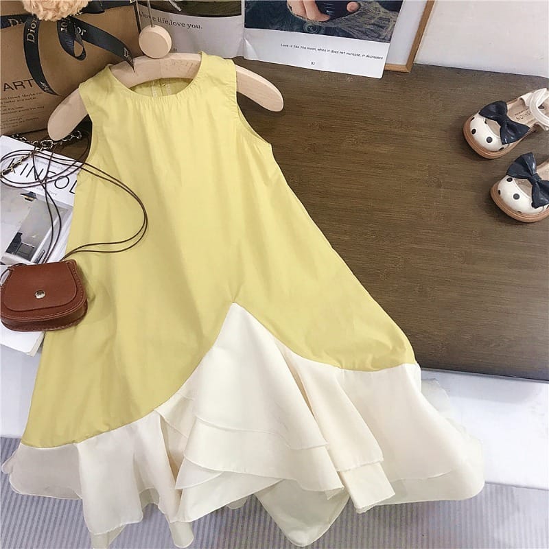 【KID】イエローバイカラーノースリーブフリルワンピース
