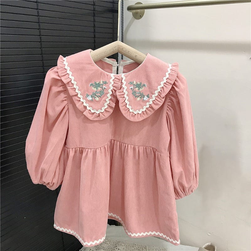 【KID】フラワー襟刺繍コーデュロイフリル長袖ワンピース