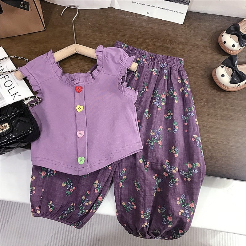 【セット】ハートボタンフリルノースリーブ小花柄セットアップ