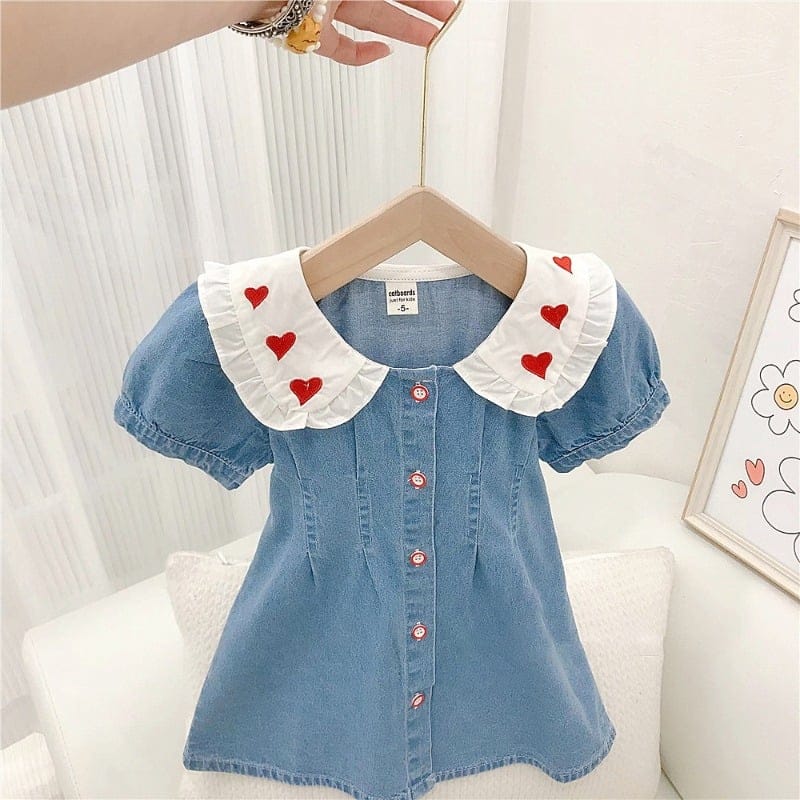 【KID】ハート刺繍フリルカラー半袖デニムワンピース
