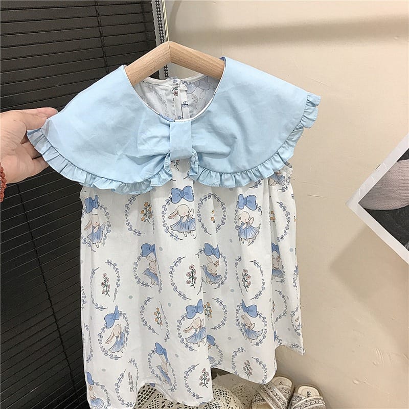 【KID】ウサギプリントフリルカラーノースリーブワンピース