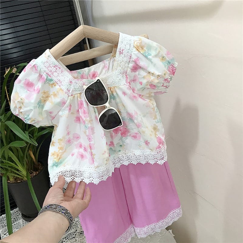 【セット】水彩風フラワーブラウスレースショートパンツセットアップ