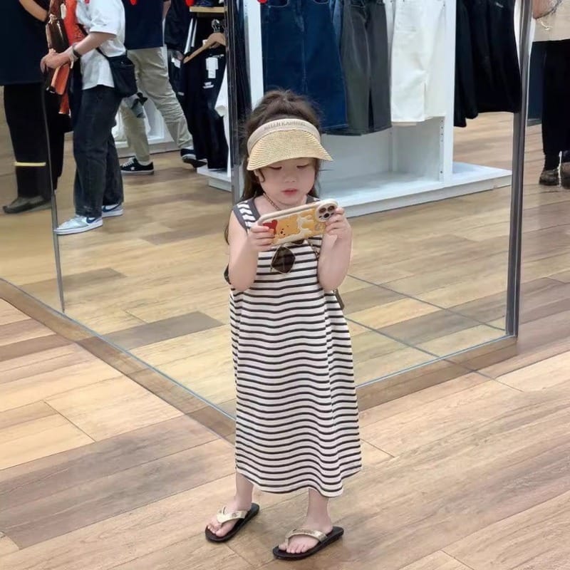 【KID】グレーストライプノースリーブロングワンピース