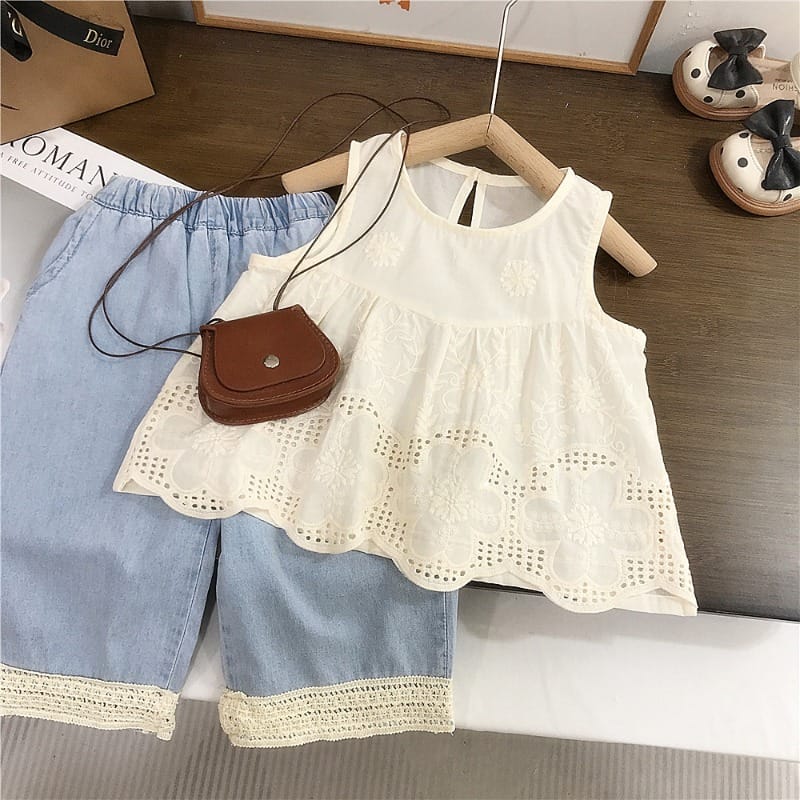 【セット】フラワー刺繍ノースリーブブラウスパンツセットアップ