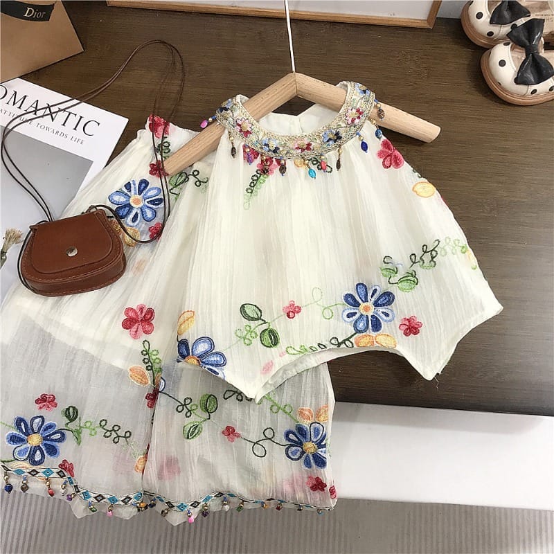 【セット】フラワー刺繍パンチングノースリーブセットアップ