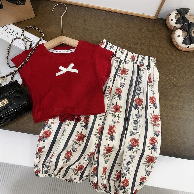 【セット】リボン半袖Tシャツフラワー柄パンツセットアップ
