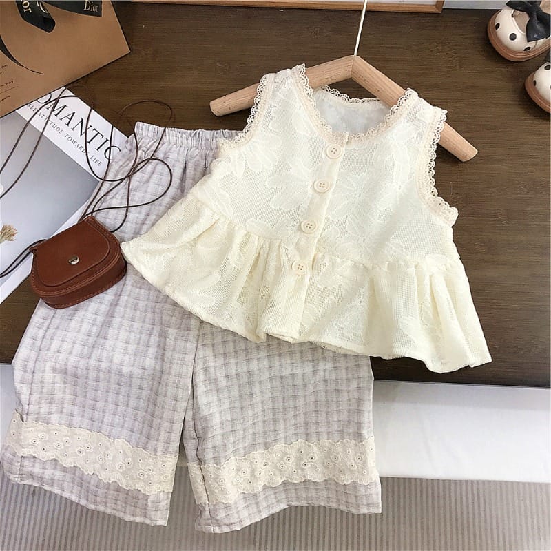 【セット】ビッグフラワーレースブラウスチェックパンツセットアップ