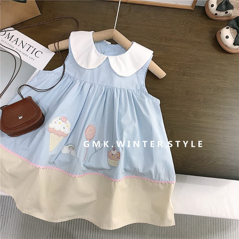 【KID】アイスクリーム刺繍ラウンドカラーノースリーブワンピース