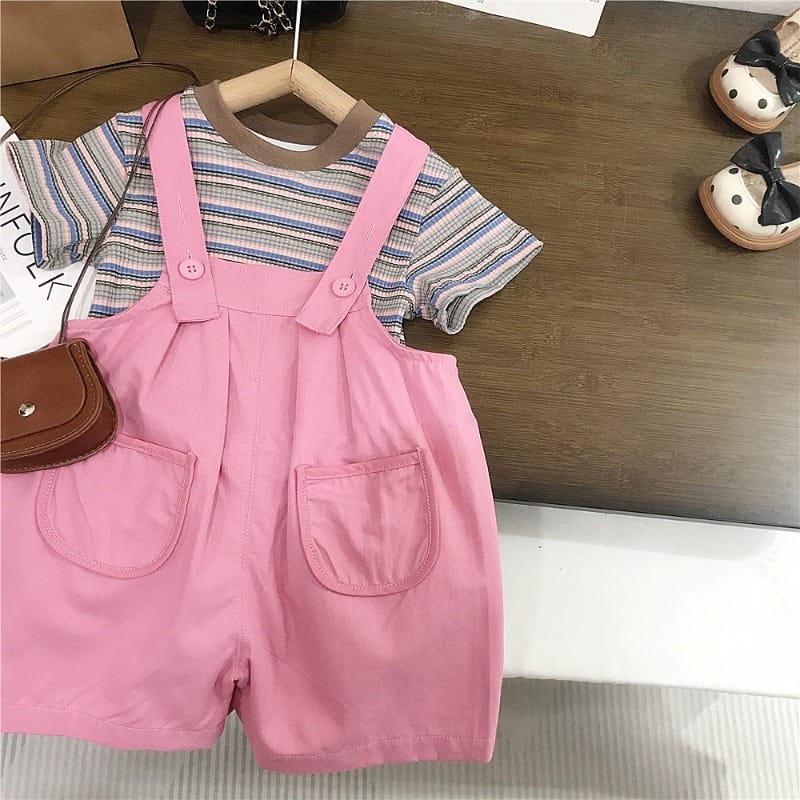 ブルーストライプ半袖Tシャツサロペットセットアップ