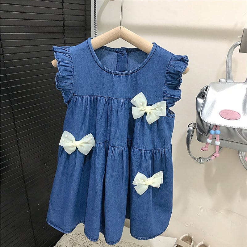 リボンモチーフフリル袖デニムワンピース