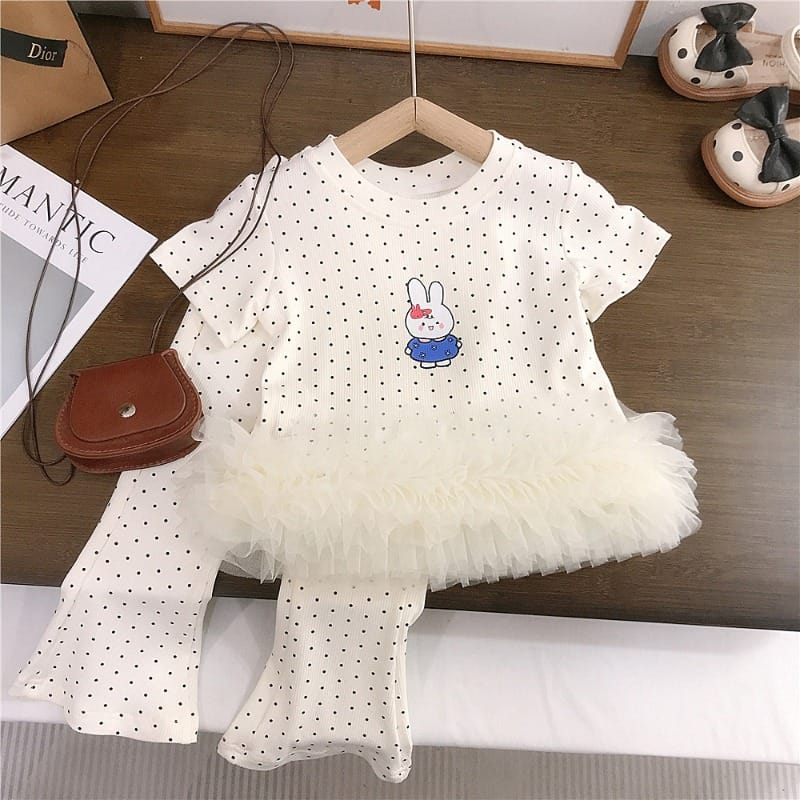 【セット】ドットうさぎフリル半袖フレアパンツセットアップ