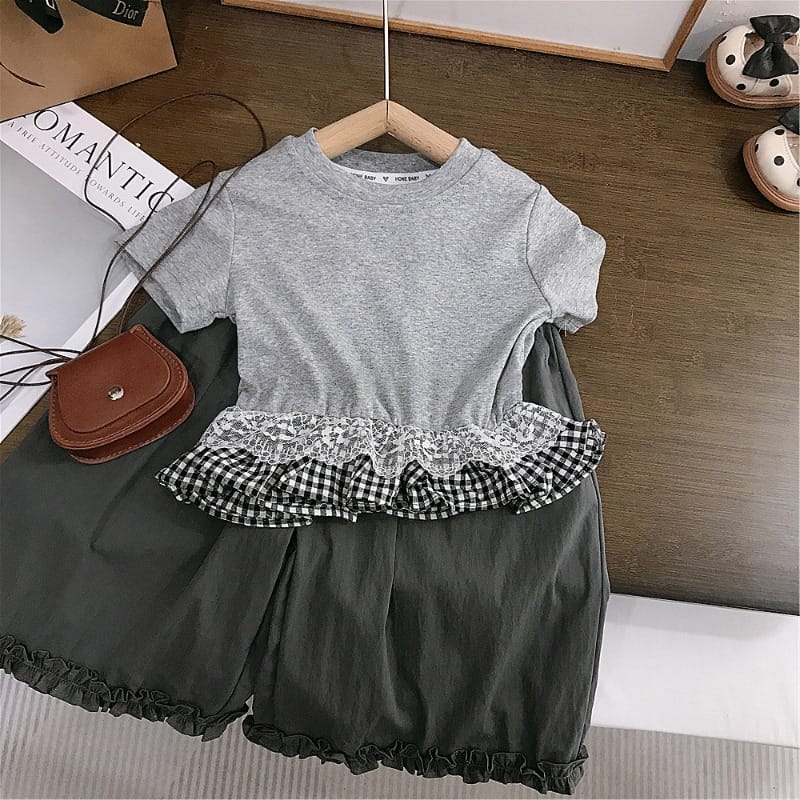 【セット】レースチェックダブルフリル半袖トップスパンツセットアップ