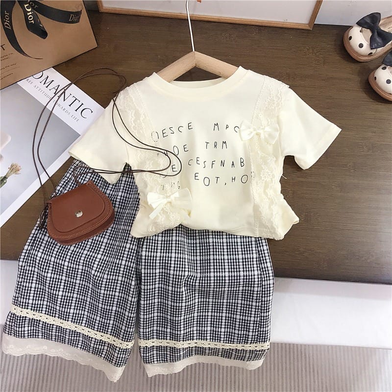 レースリボン英字半袖Tシャツチェックパンツセットアップ