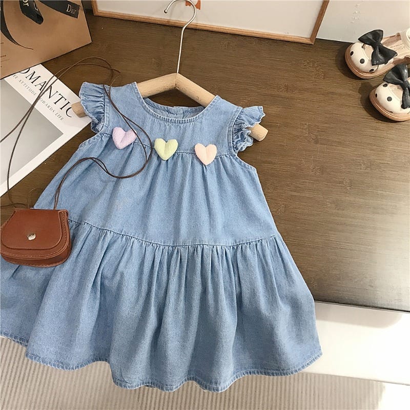【KID】立体ハートモチーフフリル袖デニムワンピース