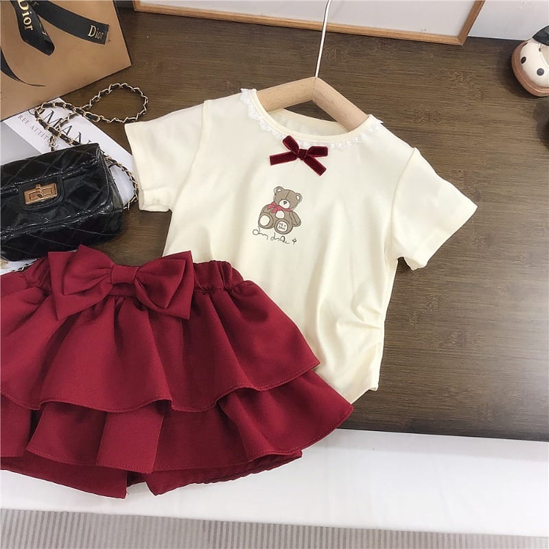 【セット】くまリボン半袖Tシャツティアードスカートセット