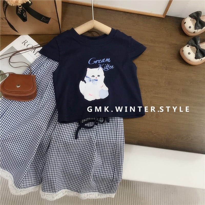 子ねこプリント半袖Tシャツチェックワイドパンツセットアップ