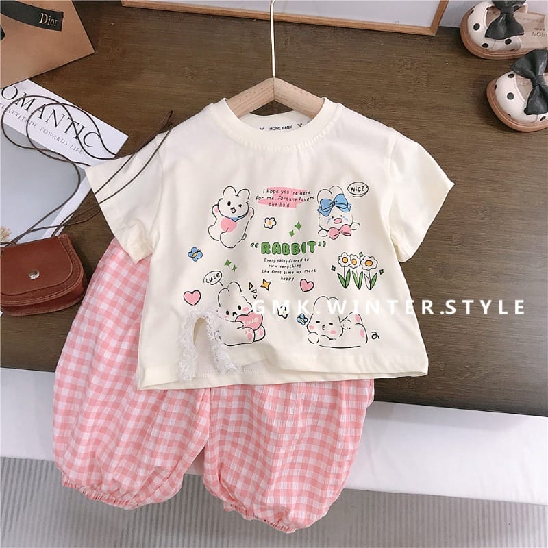 【セット】うさぎプリント半袖Tシャツチェックパンツセットアップ