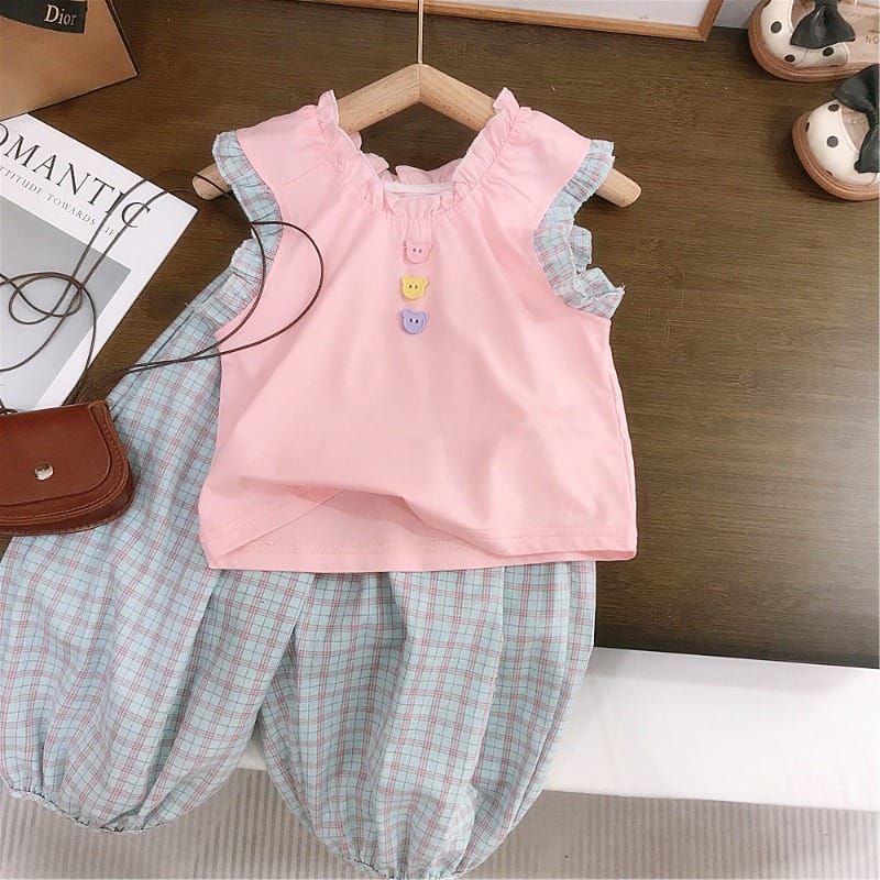 【セット】くまモチーフフリルノースリーブチェックパンツセットアップ