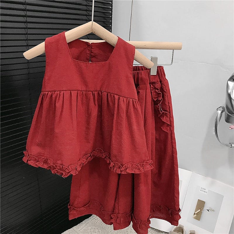 【セット】レッドフリルノースリーブワイドパンツセットアップ